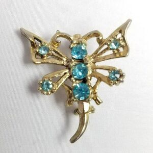 Vintage Little Blue Rhinestone Shaped Brooch, Gold Tone Insect Butterfly Moth